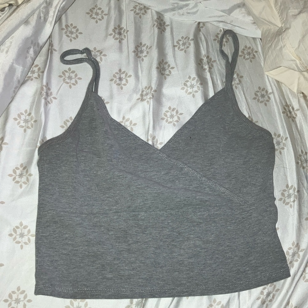 Gray crisscross, spaghetti strap crop top.